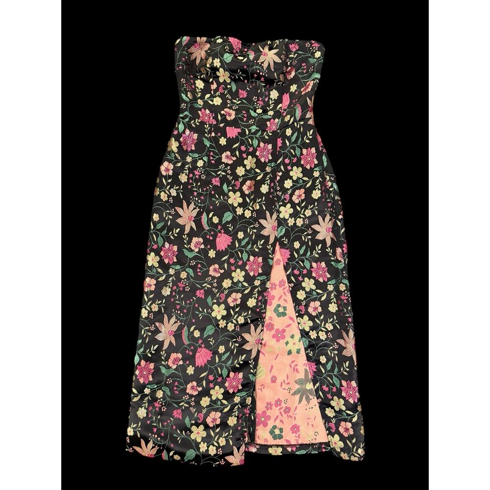 Lulus Make A Move Black Satin Floral Jacquard Midi Dress Size XS Side Slit Party - Picture 6 of 12